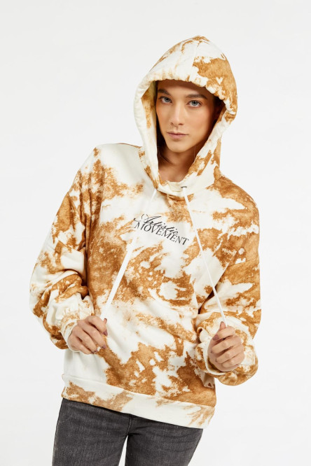 Buzo crema oversize con efecto tie dye, capota y texto