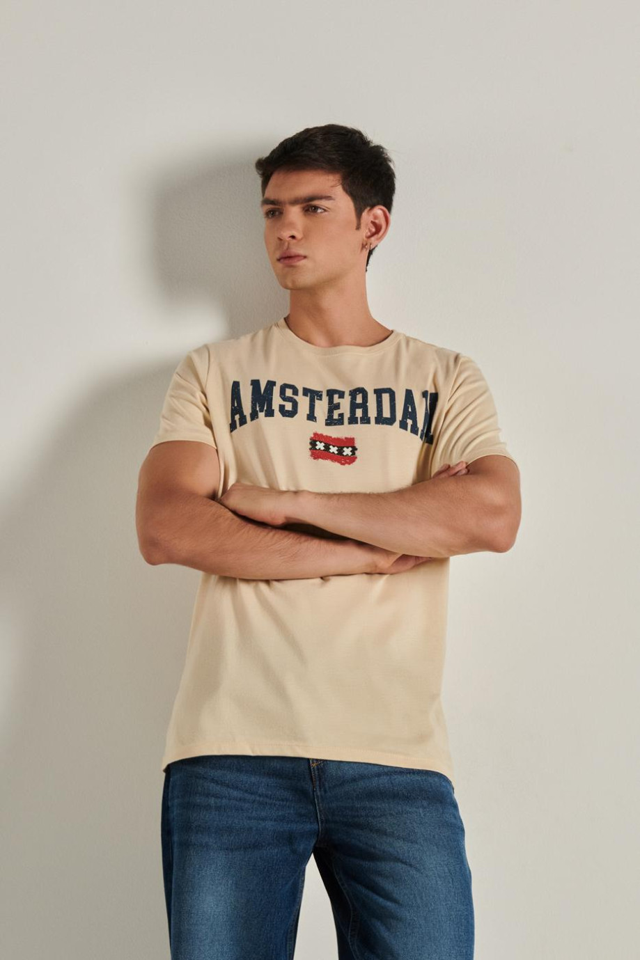 Camiseta unicolor con diseño college de Ámsterdam y cuello redondo
