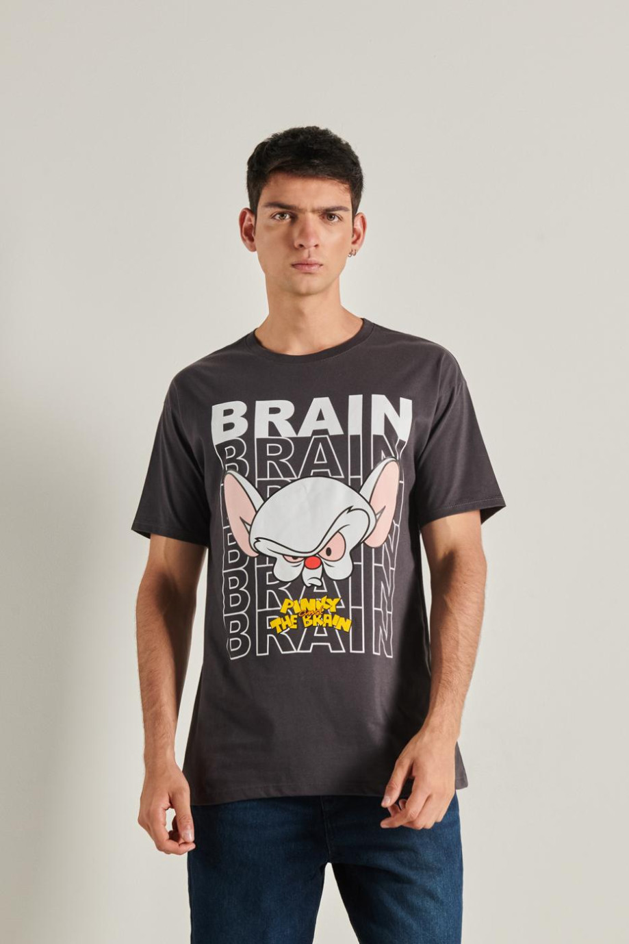 Camiseta oversize manga corta gris intensa con diseño de Pinky y Cerebro