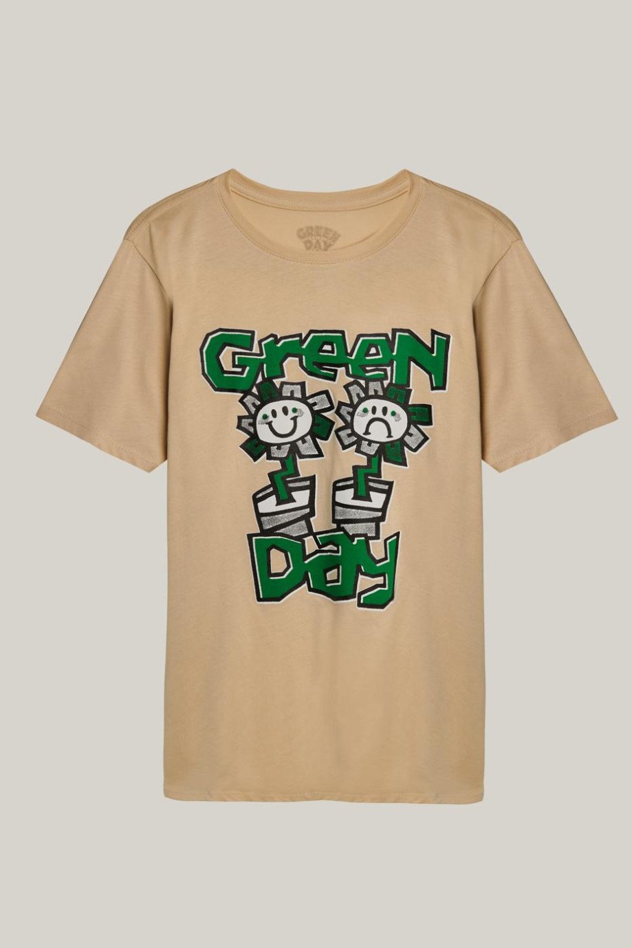 Camiseta kaki clara con cuello redondo y diseño de Green Day