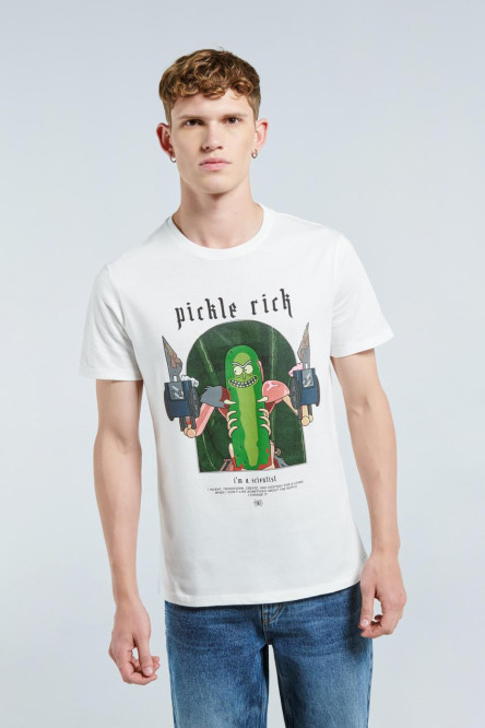 Camiseta crema clara con diseño de Rick and Morty y cuello redondo