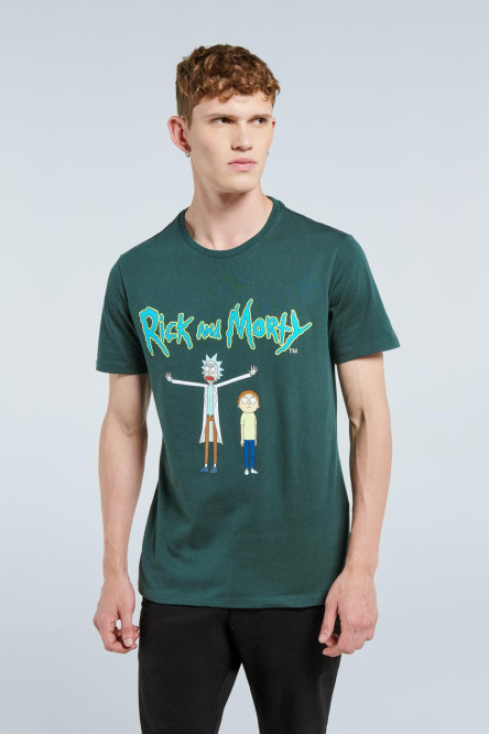 Camiseta verde oscura con cuello redondo y diseño de Rick and Morty