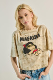 Camiseta crop top oversize kaki con diseños de Mafalda