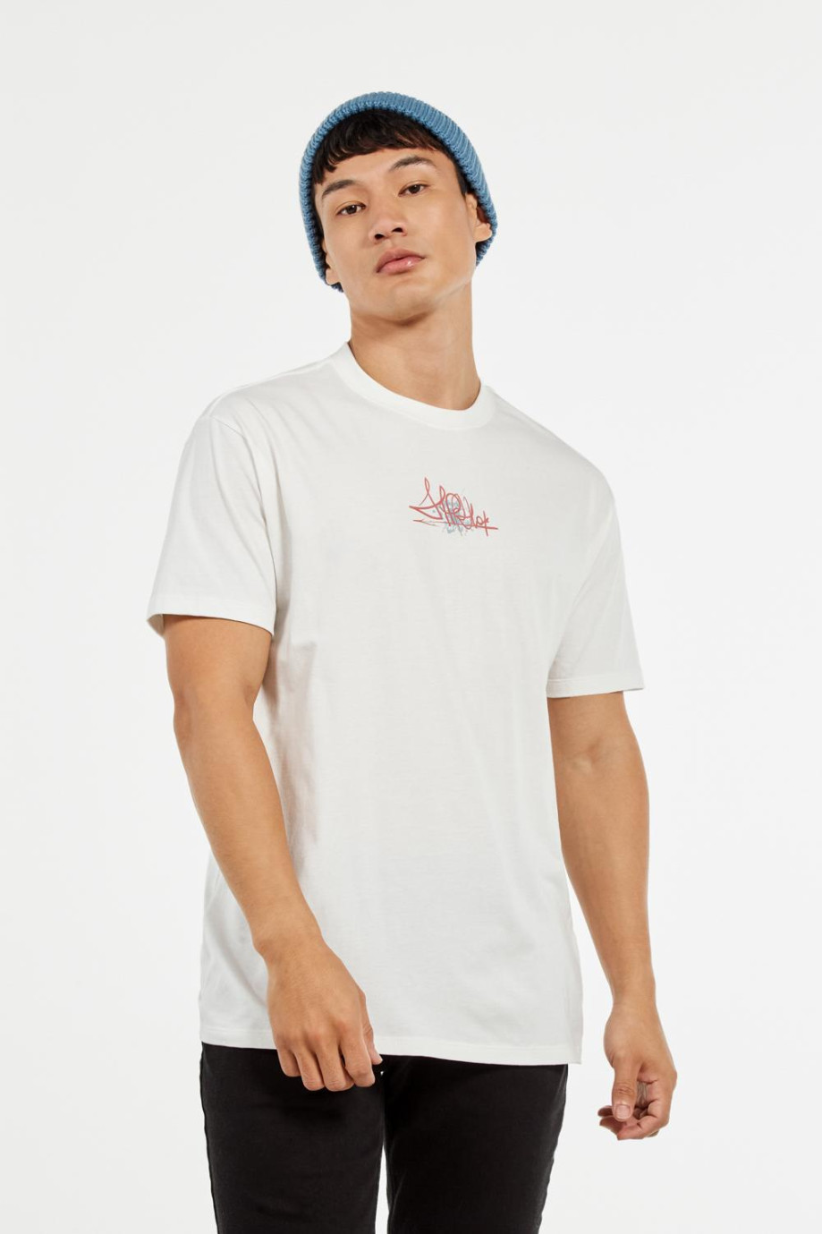Camiseta oversize crema clara con cuello redondo y diseños de arte
