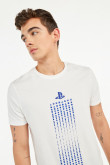 Camiseta crema cuello redondo con diseño azul de PlayStation