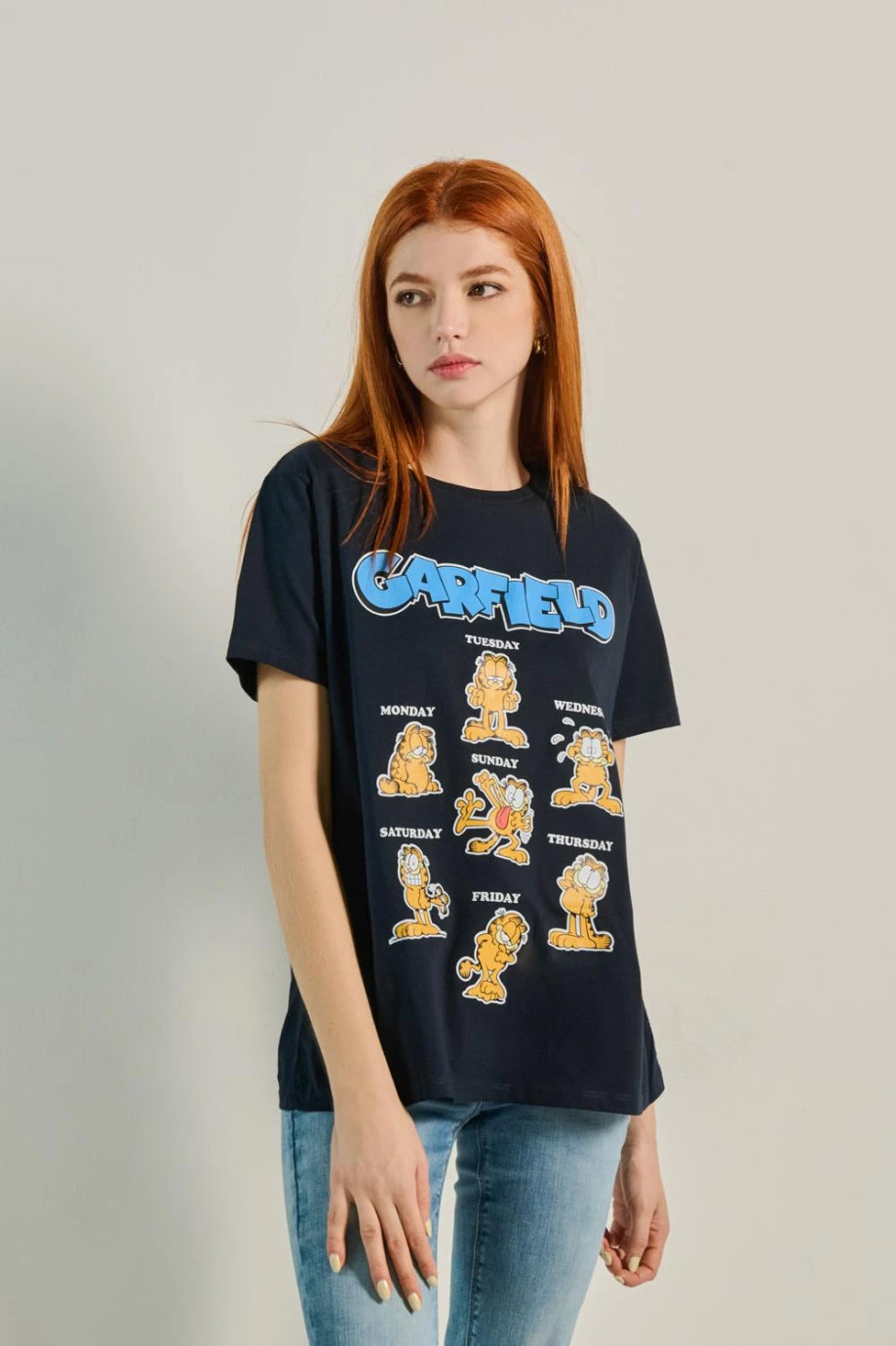 Camiseta unicolor en algodón con diseño de Garfield y manga corta