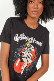 Camiseta negra con estampado de Rolling Stones y manga corta