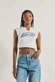 Camiseta crop top crema clara estampada con manga corta