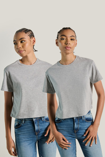 Pack X2 de camisetas crop top grises con cuello redondo