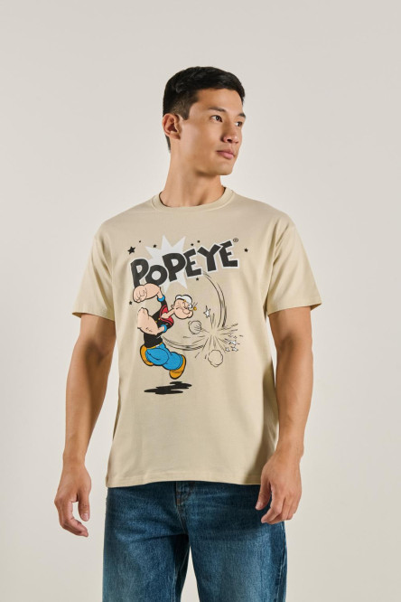 Camiseta kaki clara cuello redondo con diseño de Popeye