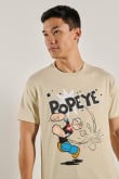 Camiseta kaki clara cuello redondo con diseño de Popeye