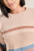 Suéter a rayas crema claro con cuello redondo y hombro caído
