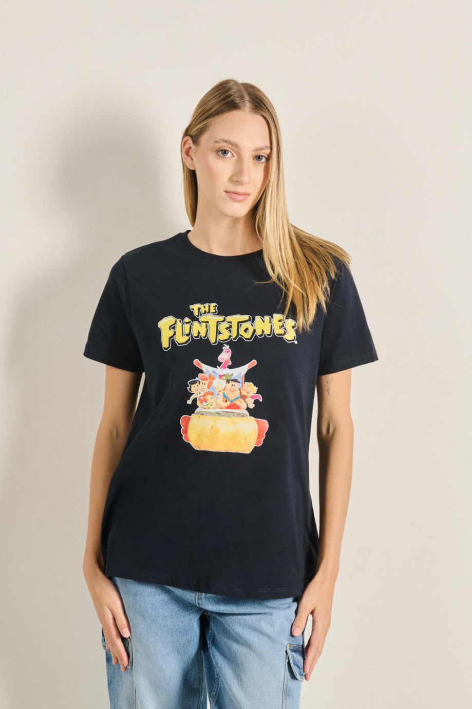 Camiseta unicolor en algodón con cuello redondo y diseño de Los Picapiedra