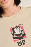 Camiseta crop top kaki clara con diseño de Félix el Gato