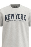 Camiseta unicolor con arte college New York y cuello redondo