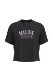 Camiseta unicolor crop top con texto college de Malibú