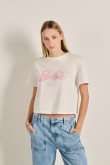 Camiseta unicolor crop top con arte de Barbie y manga corta