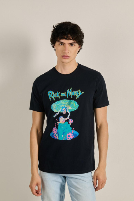 Camiseta manga corta unicolor con diseño de Rick and Morty