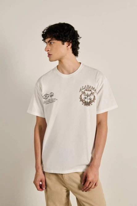 Camiseta crema clara oversize estampada con manga corta