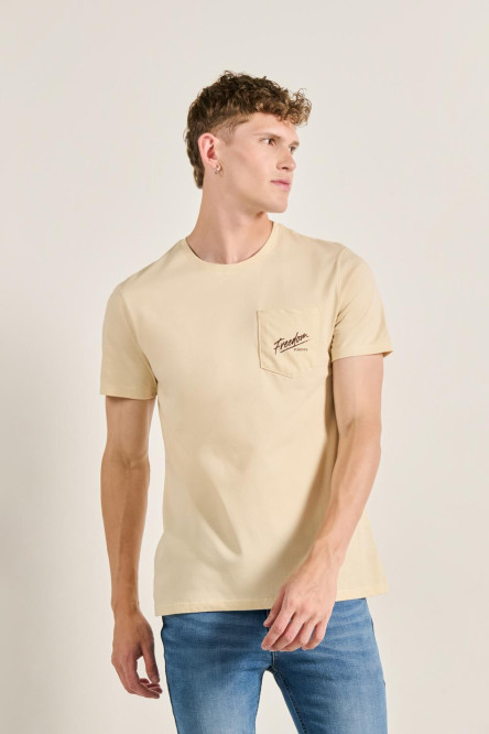 Camiseta unicolor estampada con manga corta y bolsillo