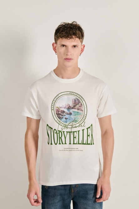 Camiseta unicolor con diseño de naturaleza y cuello redondo