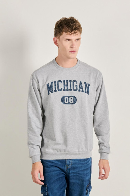 Buzo gris claro cuello redondo con arte college de Michigan