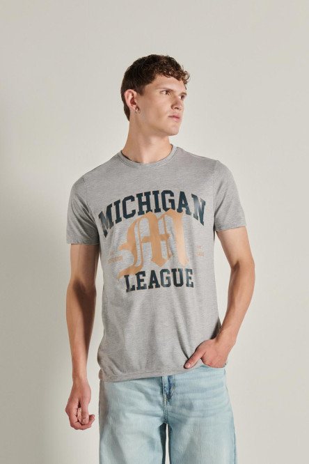 Camiseta unicolor en algodón con diseño college en frente