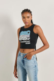 Camiseta unicolor estampada crop top con manga sisa