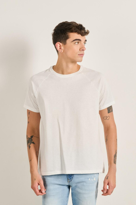 Camiseta unicolor en algodón con manga ranglan corta