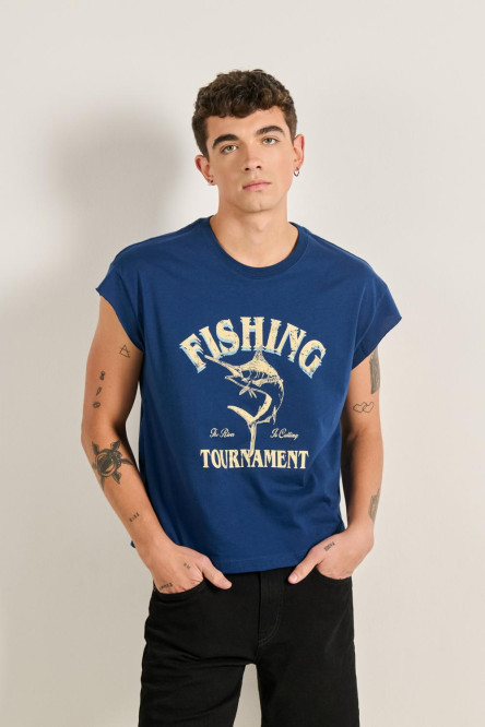 Camiseta manga sisa azul oscura oversize con diseño de pez
