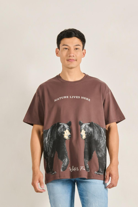 Camiseta unicolor oversize manga corta con arte de animales