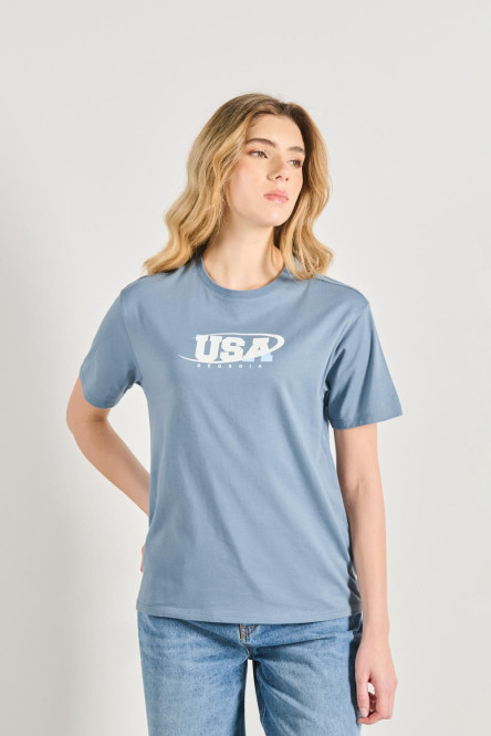 Camiseta en algodón cuello redondo azul con texto college