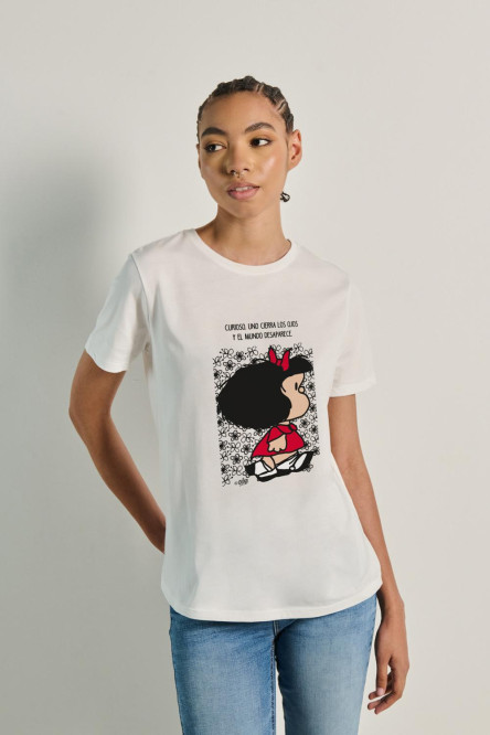 Camiseta en algodón unicolor manga corta con arte de Mafalda