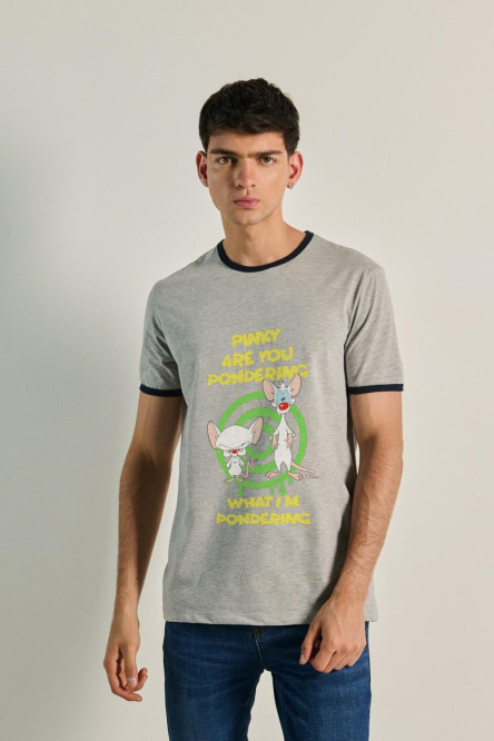 Camiseta manga corta unicolor con motivo de Pinky y Cerebro