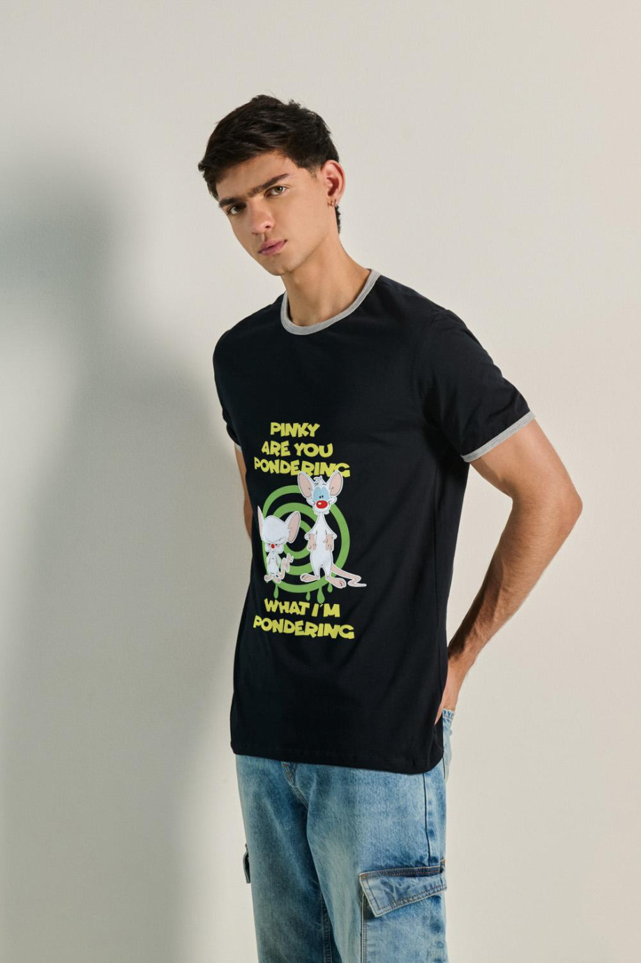 Camiseta manga corta unicolor con motivo de Pinky y Cerebro