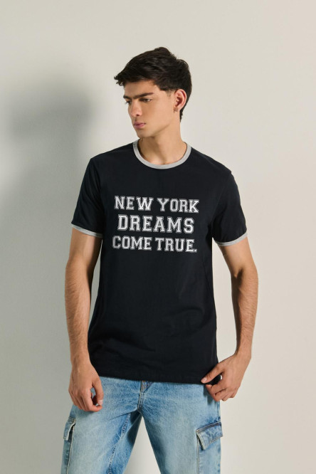 Camiseta manga corta unicolor con contrastes y texto college