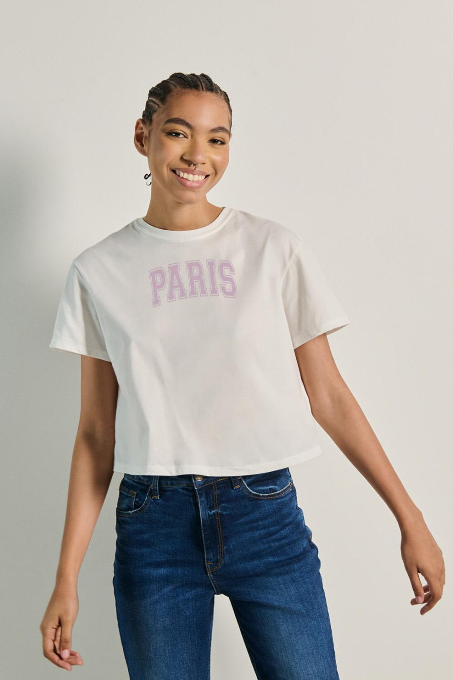 Camiseta unicolor crop top con texto college de París