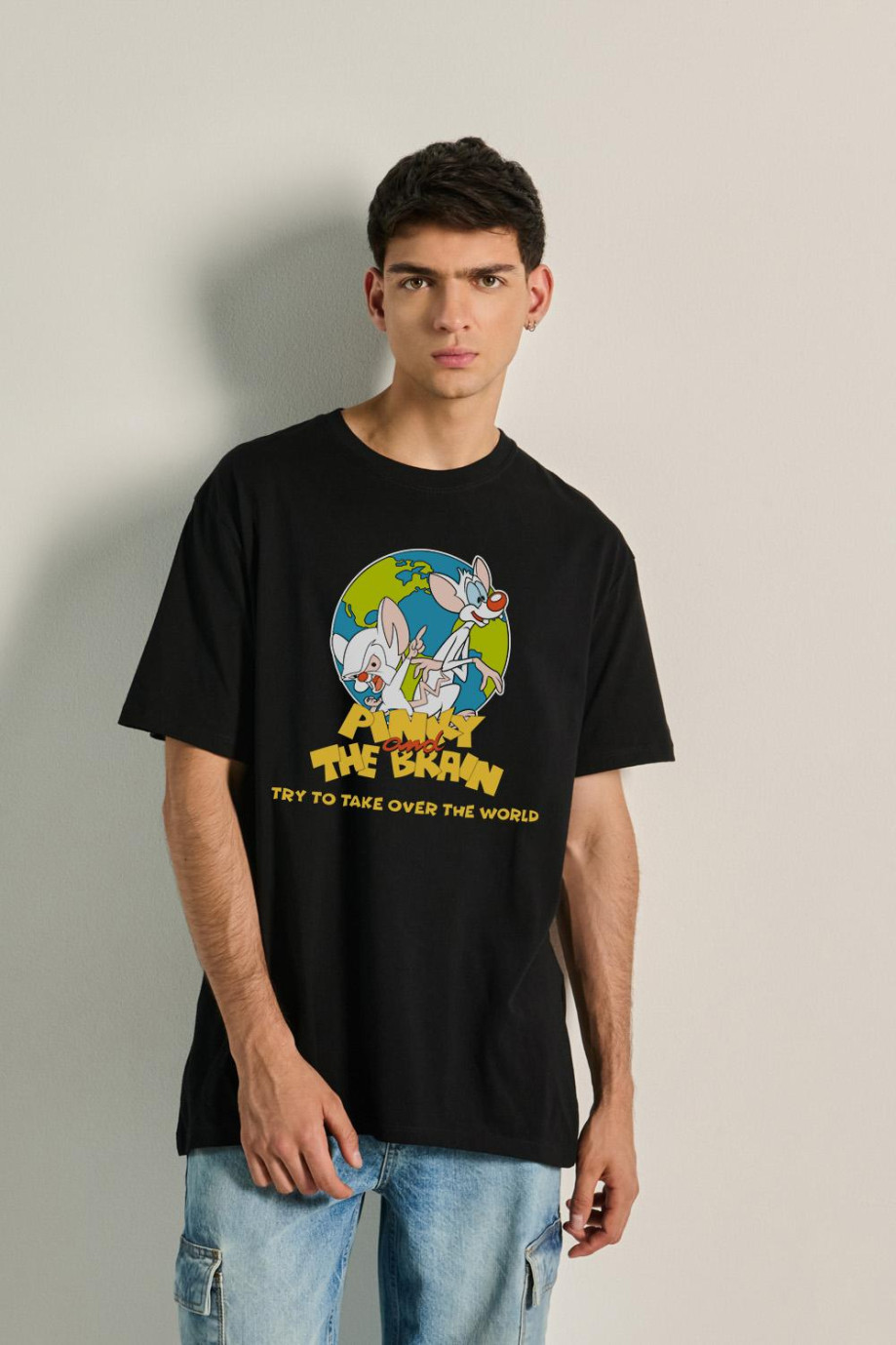 Camiseta oversize unicolor con diseño de Pinky y Cerebro