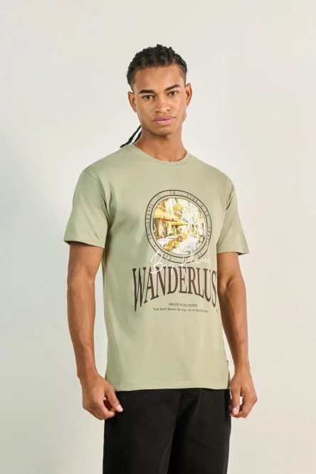 Camiseta unicolor con diseño de naturaleza y cuello redondo