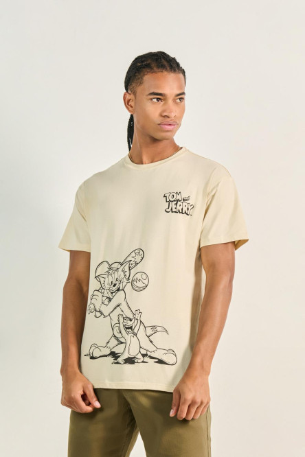 Camiseta kaki clara con manga corta y arte de Tom y Jerry
