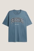 Camiseta azul cuello redondo oversize con frase en frente