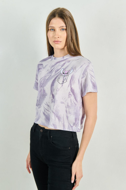 Camiseta lila clara crop top con diseño de Stitch