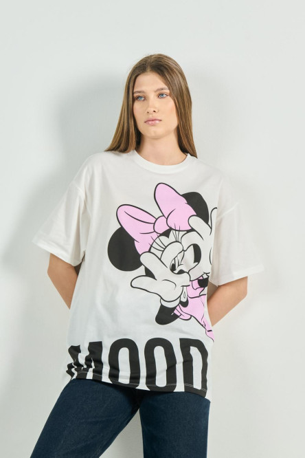 Camiseta manga corta crema oversize con diseño de Minnie
