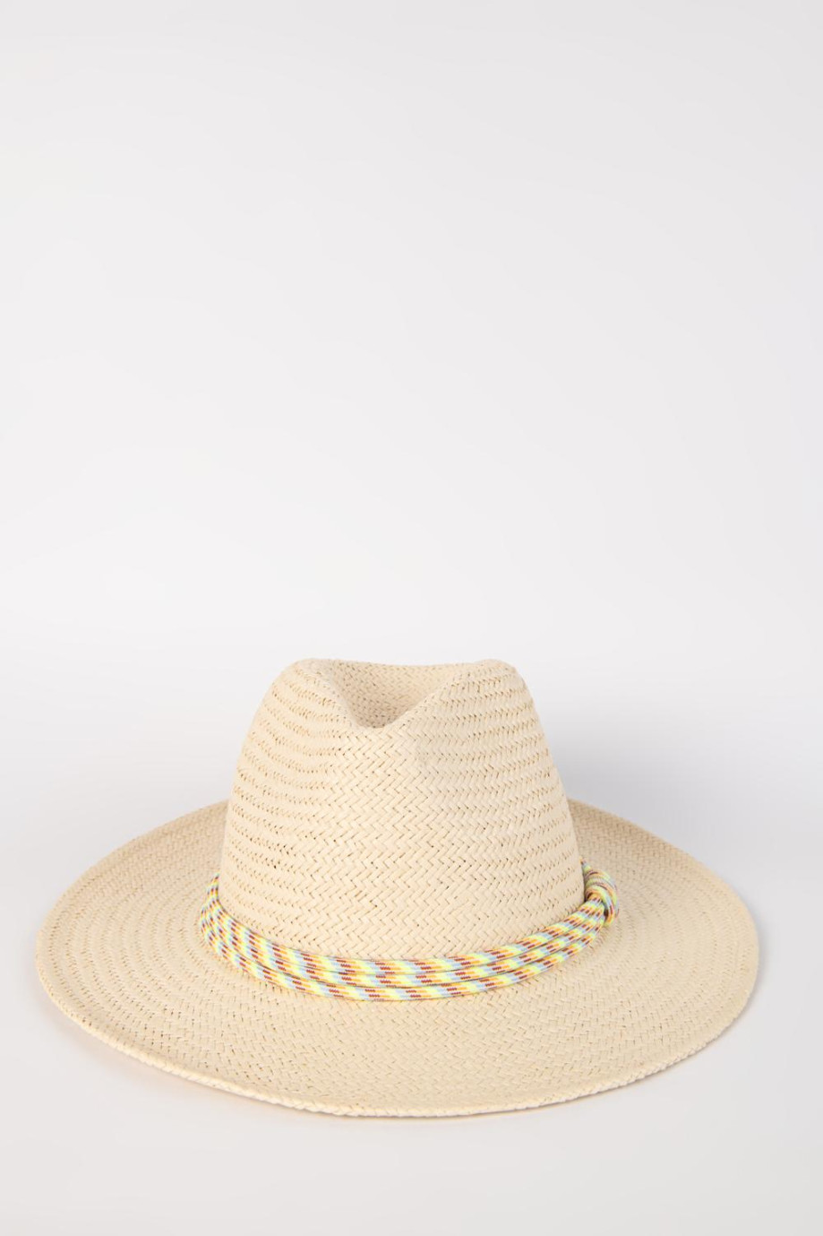 Sombrero crema claro fedora con cordón decorativo colorido