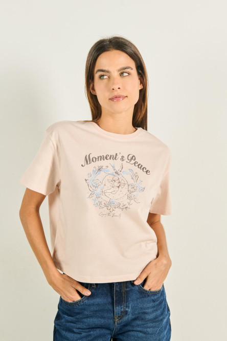 Camiseta crop top manga corta unicolor con diseño místico