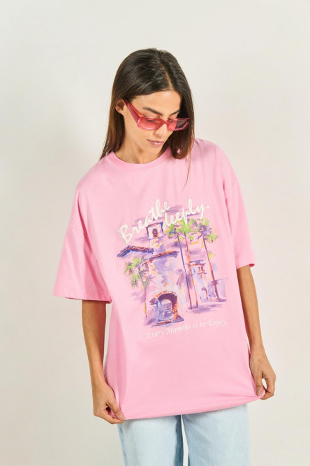 Camiseta oversize unicolor estampada con cuello redondo