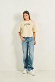 Camiseta oversize crop top kaki con arte college de Italia