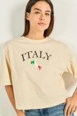 Camiseta oversize crop top kaki con arte college de Italia