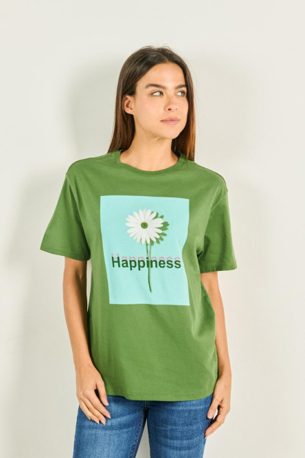Camiseta verde oscura manga corta con estampado de flor