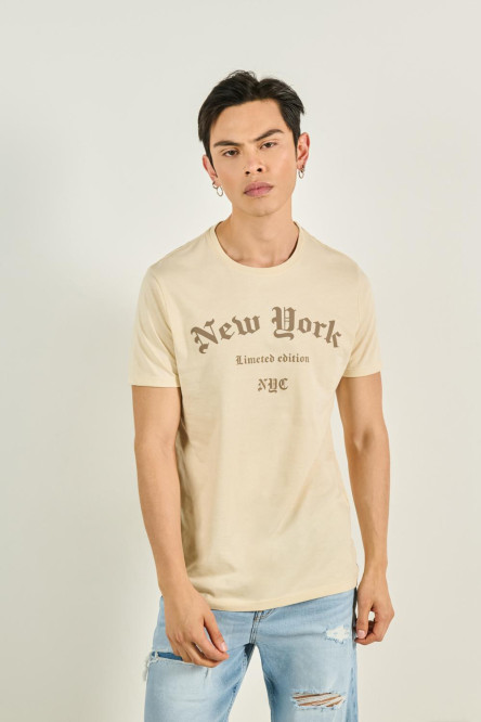Camiseta unicolor en algodón manga corta con texto college